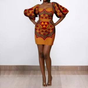 Vestido reto de cera africana manga curta